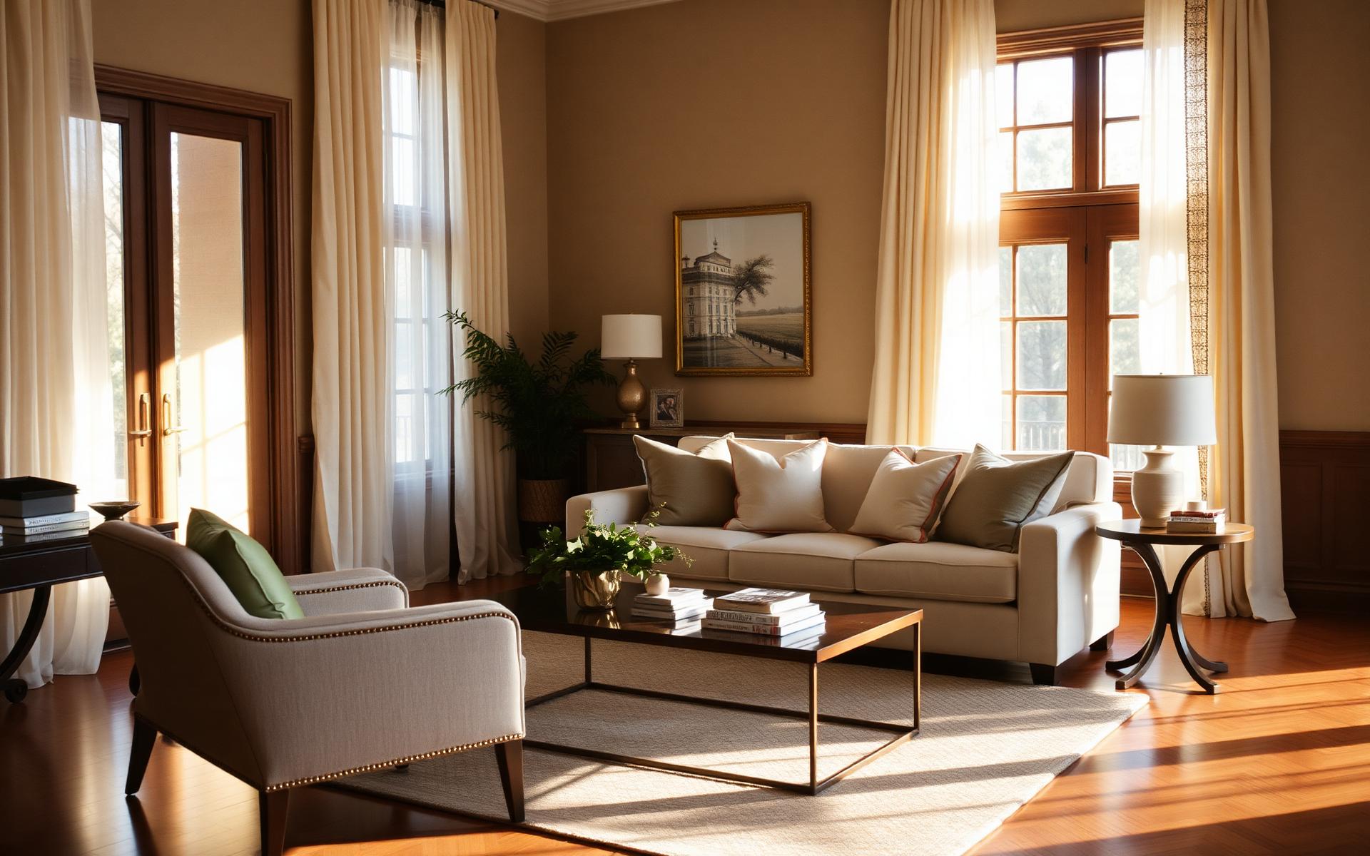 Elegantly staged living room with warm natural light
